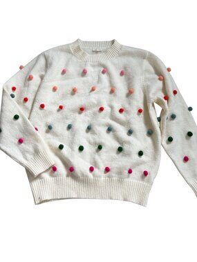 Jodifl White Sweater With Colorful Pom-Poms Size L Crew Neck Soft Knit Made In C